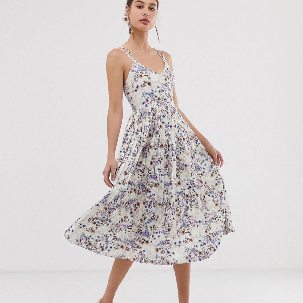 Unique21 (ASOS) Floral Strappy Pleated Midi Dress